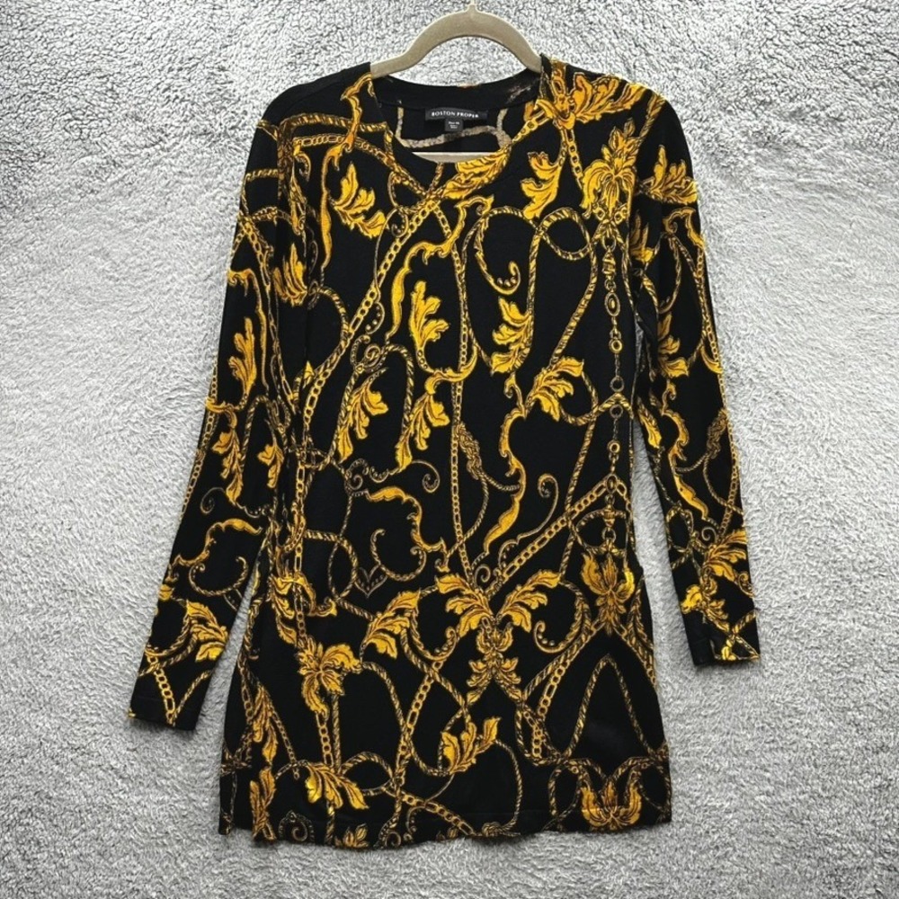 Boston Proper XS Black Gold Baroque Chain Print Long Sleeve Knit Tunic Top